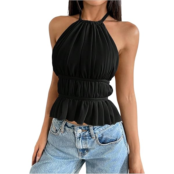 SOLY HUX Women's Ruffle Halter Neck Camisole Sleeveless Open Back